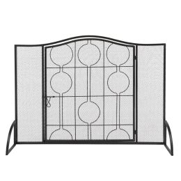 40x29in Mesh Fireplace Screen with Single Door, Wrought Iron Panel Fire Spark Guard Gate Safety Protector (Black)