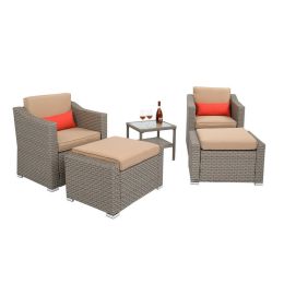 Wide Rattan Double Contiguous Rattan Five-Piece Suit 2 Single 2 Pedals 1 Double Coffee Table Gray-dk