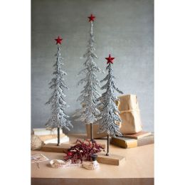 Set Of Three Metal Christmas Trees On Wooden Bases