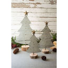 Set Of 3 Corrugated Galvanized Christmas Trees On Wood Base