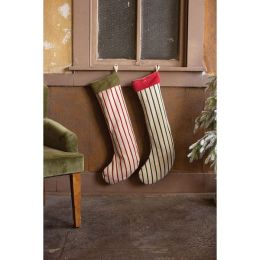 Set Of 2 Giant Striped Christmas Stockings W Velvet Collar