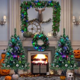 Pre-lit Artificial Christmas 4-Piece Set,Garland, Wreath and Set of 2 Entrance Trees (Color: Dark green)