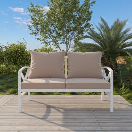 Outdoor Metal Loveseat with Cushions, All-Weather Outdoor Black Metal 2 Seats Sofa Couch with Cushions (Color: White)