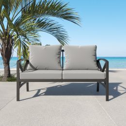 Outdoor Metal Loveseat with Cushions, All-Weather Outdoor Black Metal 2 Seats Sofa Couch with Cushions (Color: Black+ Gray)
