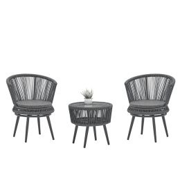 Modern outdoor table and chair woven-belt rope wicker hand-make weaving furniture Swivel Rope Chair 3PCS Rattan Chair (Color: Dark Gray)