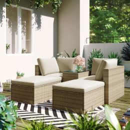 Outdoor Patio Furniture Set, 5-Piece Wicker Rattan Sectional Sofa Set (Color: Beige)