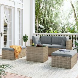 Outdoor Patio Furniture Set, 5-Piece Wicker Rattan Sectional Sofa Set (Color: Gray)