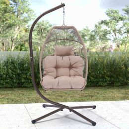 Outdoor Patio Wicker Folding Hanging Chair,Rattan Swing Hammock Egg Chair With Cushion And Pillow (Color: khaki)