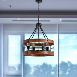 Modern American luxury chandelier E26 white wooden retro round chandelier 6 bulbs, without bulbs (Color: Red)