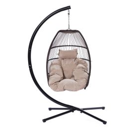 Outdoor Patio C Type Bracket Wicker Folding Hanging Chair With Cushion And Pillow (Color: Beige)