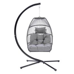 Outdoor Patio C Type Bracket Wicker Folding Hanging Chair With Cushion And Pillow (Color: Gray)
