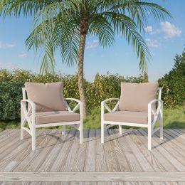Patio Furniture Metal Arm Chair,2 PCS Garden Outdoor Contemporary Sofa Metal Chair with Cushions (Color: Beige)