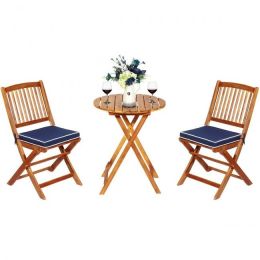 3 Pieces Patio Folding Wooden Bistro Set Cushioned Chair (Color: Navy)