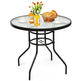 Patio Garden Round 32 Inch Tempered Glass Top Table Square Base Bracket  With Umbrella Hole (Color: Black)