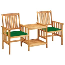 Garden Chairs with Tea Table and Cushions Solid Acacia Wood (Color: Brown)