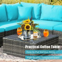 7 Pieces Rattan Sectional Sofa Set with Cushion for Patio Garden (Color: Turquoise)