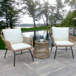 3PCS Outdoor Patio Balcony Natural Color Wicker Chair Set with Beige Cushion and Round Tempered Glass Table (Color: Natural)