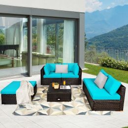 6 Pieces Outdoor Patio Rattan Furniture Set (Color: Turquoise)