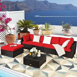 6 Pieces Outdoor Patio Rattan Furniture Set (Color: Red)