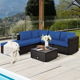 6 Pieces Outdoor Patio Rattan Furniture Set (Color: Blue)