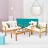 4 Pieces Patio Acacia Wood Thick Cushion Loveseat Sofa Set