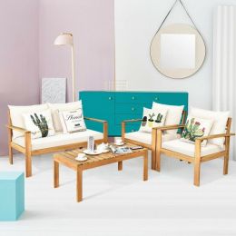 4 Pieces Patio Acacia Wood Thick Cushion Loveseat Sofa Set (Color: White)
