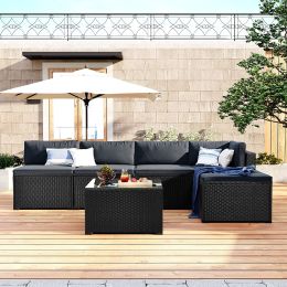 6-Piece Outdoor Furniture Set with PE Rattan Wicker, Patio Garden Sectional Sofa Chair, removable cushions (Color: Gray)