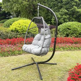 Outdoor Patio Wicker Folding Hanging Chair,Rattan Swing Hammock Egg Chair With Cushion And Pillow (Color: Gray)