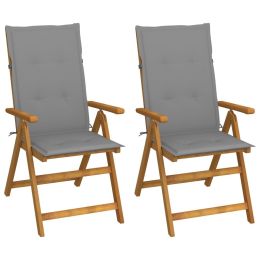 Patio Reclining Chairs 2 pcs with Cushions Solid Acacia Wood (Color: Gray)