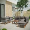 9-Piece Outdoor Patio Garden Wicker Sofa Set, Gray PE Rattan Sofa Set, with Wood Legs, Acacia Wood Tabletop, Armrest Chairs with Cushions
