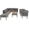 9-Piece Outdoor Patio Garden Wicker Sofa Set, Gray PE Rattan Sofa Set, with Wood Legs, Acacia Wood Tabletop, Armrest Chairs with Cushions