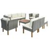9-Piece Outdoor Patio Garden Wicker Sofa Set, Gray PE Rattan Sofa Set, with Wood Legs, Acacia Wood Tabletop, Armrest Chairs with Cushions