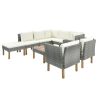 9-Piece Outdoor Patio Garden Wicker Sofa Set, Gray PE Rattan Sofa Set, with Wood Legs, Acacia Wood Tabletop, Armrest Chairs with Cushions