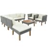 9-Piece Outdoor Patio Garden Wicker Sofa Set, Gray PE Rattan Sofa Set, with Wood Legs, Acacia Wood Tabletop, Armrest Chairs with Cushions
