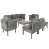 9-Piece Outdoor Patio Garden Wicker Sofa Set, Gray PE Rattan Sofa Set, with Wood Legs, Acacia Wood Tabletop, Armrest Chairs with Cushions