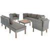 9-Piece Outdoor Patio Garden Wicker Sofa Set, Gray PE Rattan Sofa Set, with Wood Legs, Acacia Wood Tabletop, Armrest Chairs with Cushions
