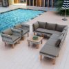 9-Piece Outdoor Patio Garden Wicker Sofa Set, Gray PE Rattan Sofa Set, with Wood Legs, Acacia Wood Tabletop, Armrest Chairs with Cushions