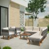 9-Piece Outdoor Patio Garden Wicker Sofa Set, Gray PE Rattan Sofa Set, with Wood Legs, Acacia Wood Tabletop, Armrest Chairs with Cushions