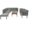 9-Piece Outdoor Patio Garden Wicker Sofa Set, Gray PE Rattan Sofa Set, with Wood Legs, Acacia Wood Tabletop, Armrest Chairs with Cushions